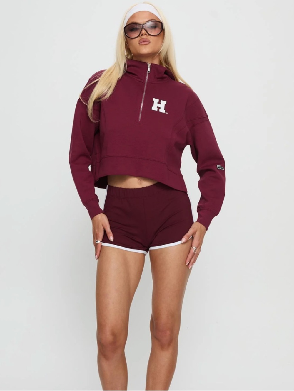 PRINCESS POLLY Harvard Maroon Half-zip Hoodie, Matching Shorts SET, Size Small